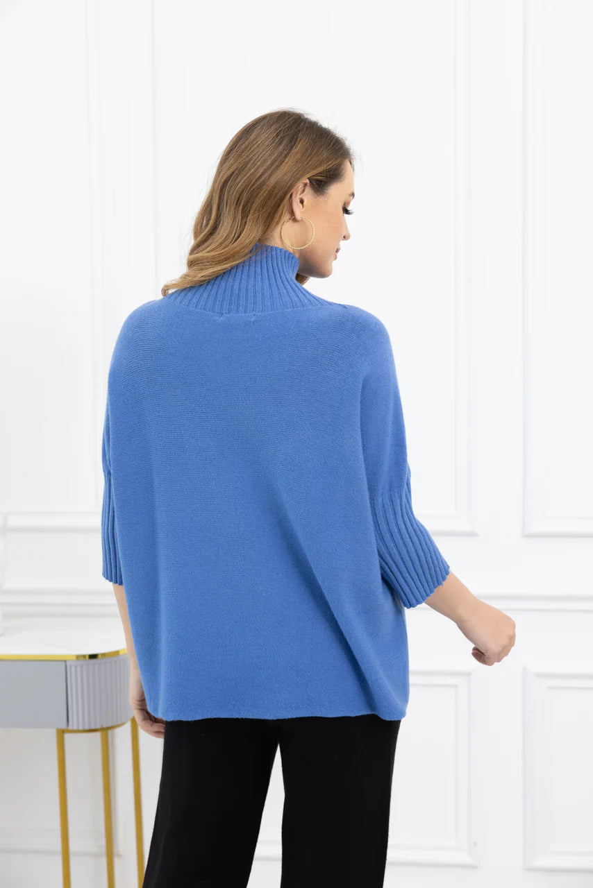Ribbed Mock Neck Elbow Sleeve - Blue
