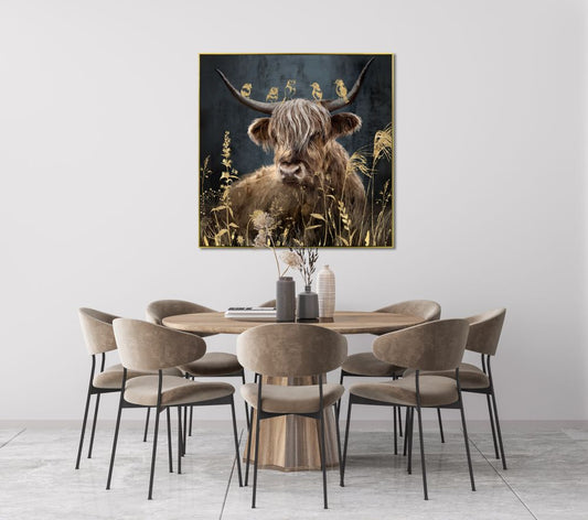 Golden Birds on Antlers Cow 36x36