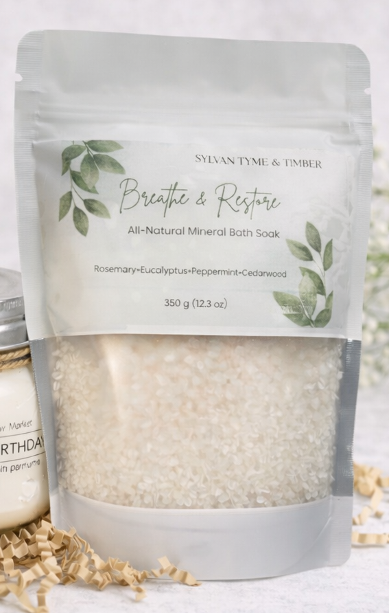 Package of all-natural mineral bath soaks with a jar of soap on a light background