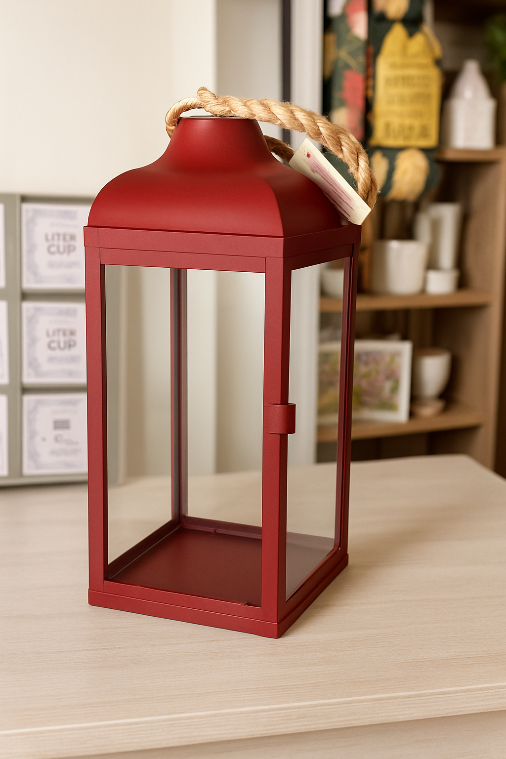 Red lantern with a rope handle on a surface with a blurred background