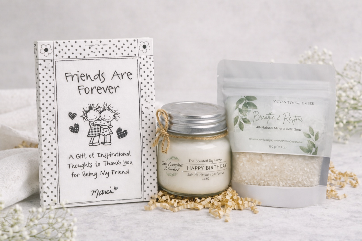 Friends are Forever Book, Happy Birthday Soy Candle, Natural Bath Salts