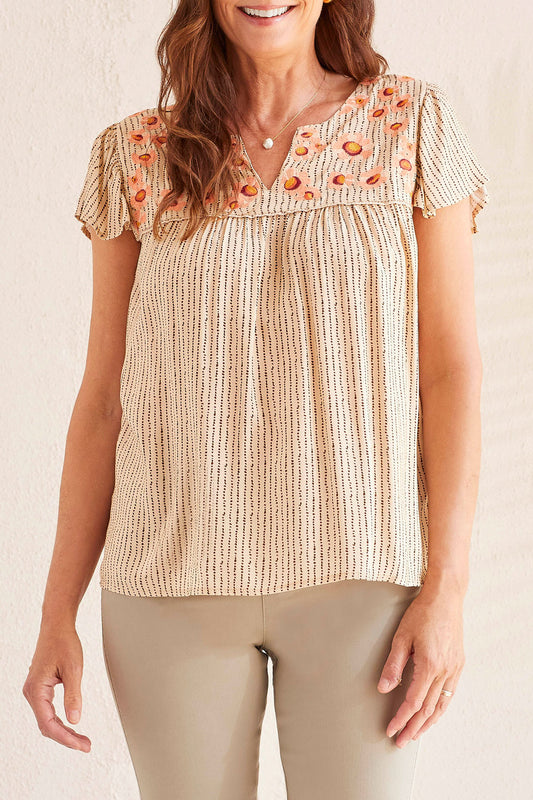 Flutter Slv Blouse w/ Embroidery-Linen 1662O-3880