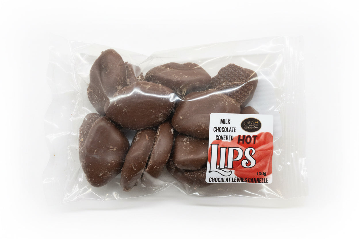 Packaged chocolate candies labeled 'Hot Lips' on a white background