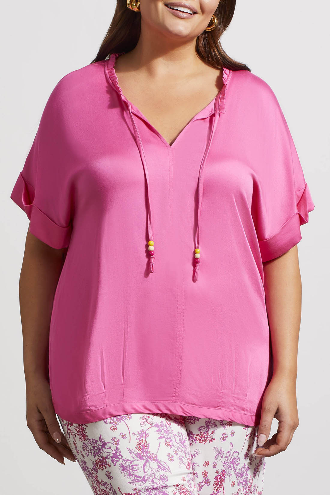 SI BLOUSE W/ PLEAT DTL & BEADS-HI PINK 5483V-1229