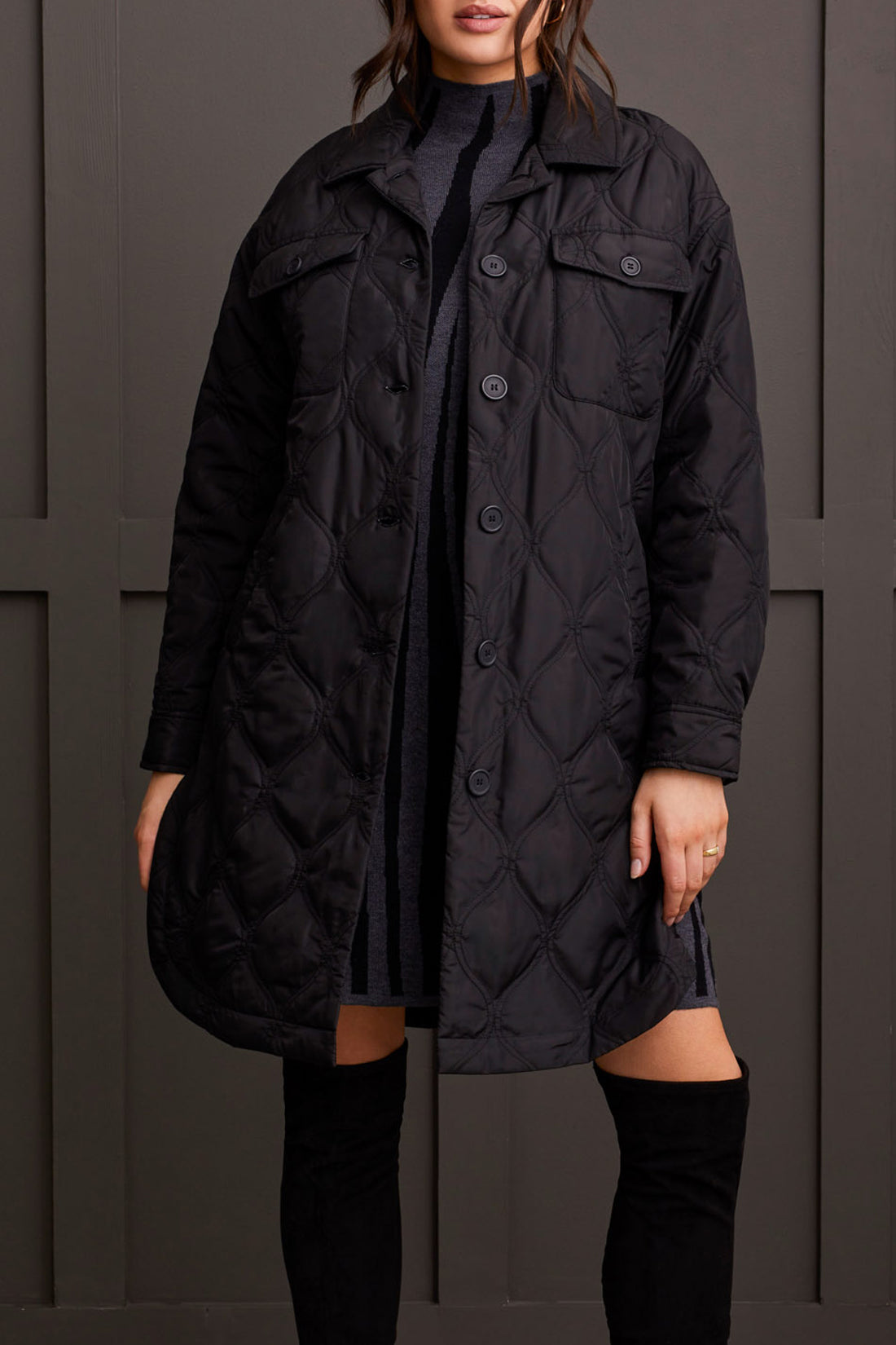 Long Quilted Jacket 5576O- Black