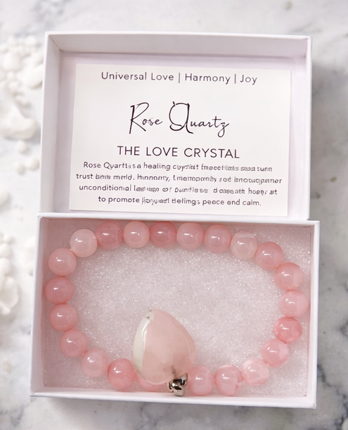Rose Quartz Gemstone Bracelet (w/ heart)