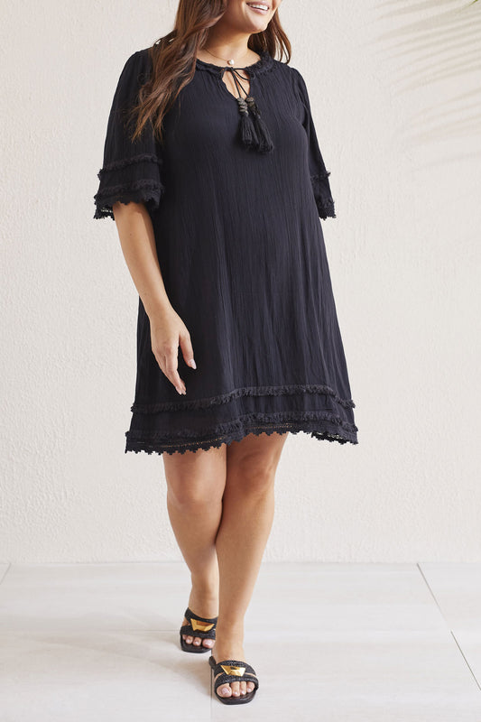 SI LINED FLOWY DRESS W/ TRIM DETAILS-BLACK 892V-4573