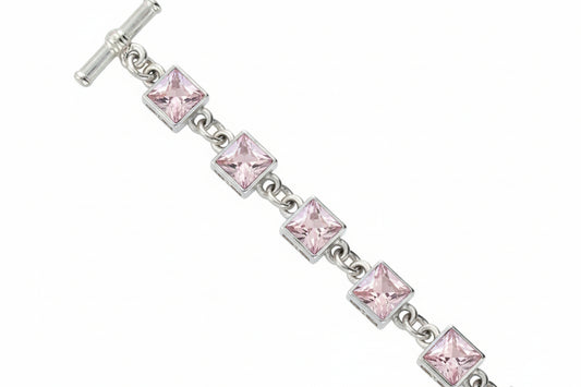 silver bracelet with light pink stones