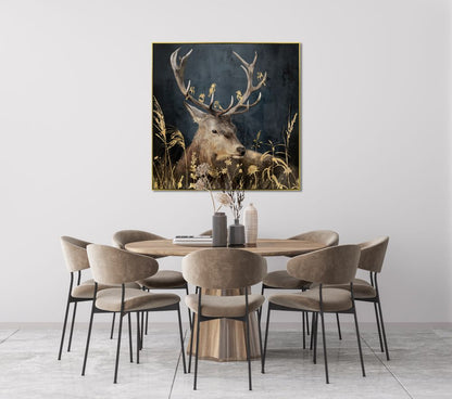 Golden Birds on Antlers Deer 36x36"