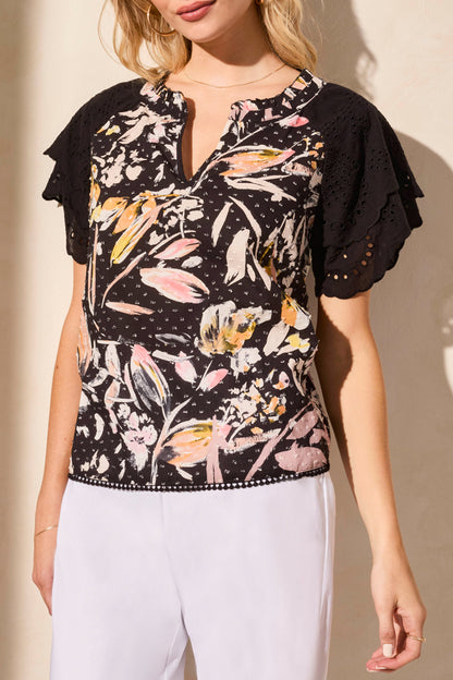 Eyelet Flutter Sleeve Blouse 2106O-Black