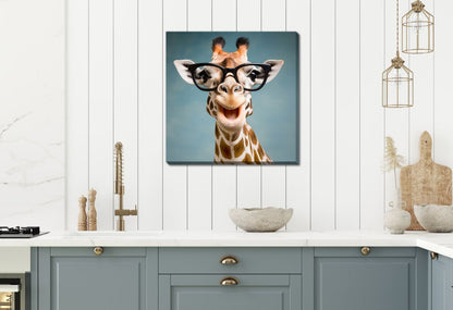 Canvas print of a giraffe wearing glasses on a wall above kitchen cabinets.