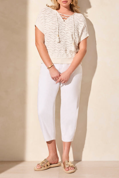 Sleeveless Lace up Sweater 5840O- White