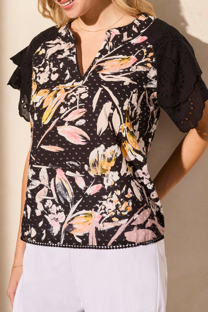 Eyelet Flutter Sleeve Blouse 2106O-Black