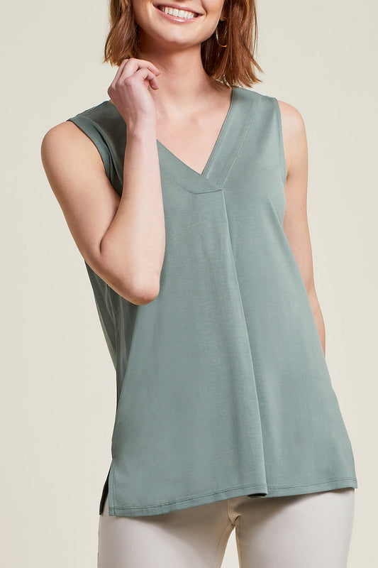 Sleeveless V Neck Top w/ Pleat - 1291O - Thyme