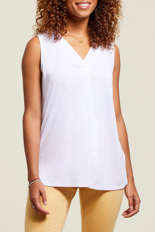 Sleeveless V Neck Top w/ Pleat - 1291O - White